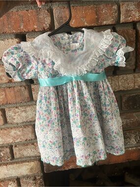 Vintage White Floral Lace Baby Dress with Aqua Sash